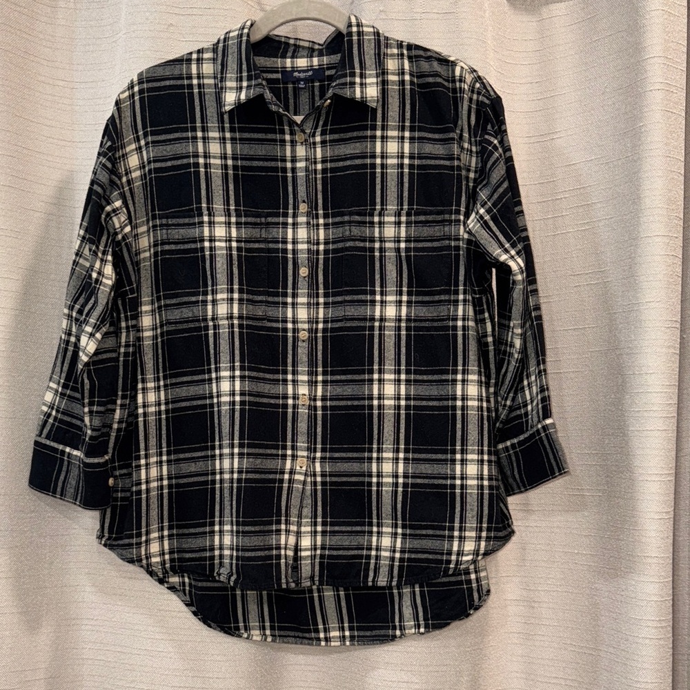 Madewell 100%Cotton Flannel Black and White Plaid Button-Down Trapeze Shirt M